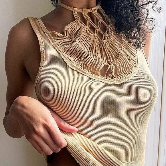 Free People Tops - Free People Thalia Crochet Neck Tank Top Tan Small